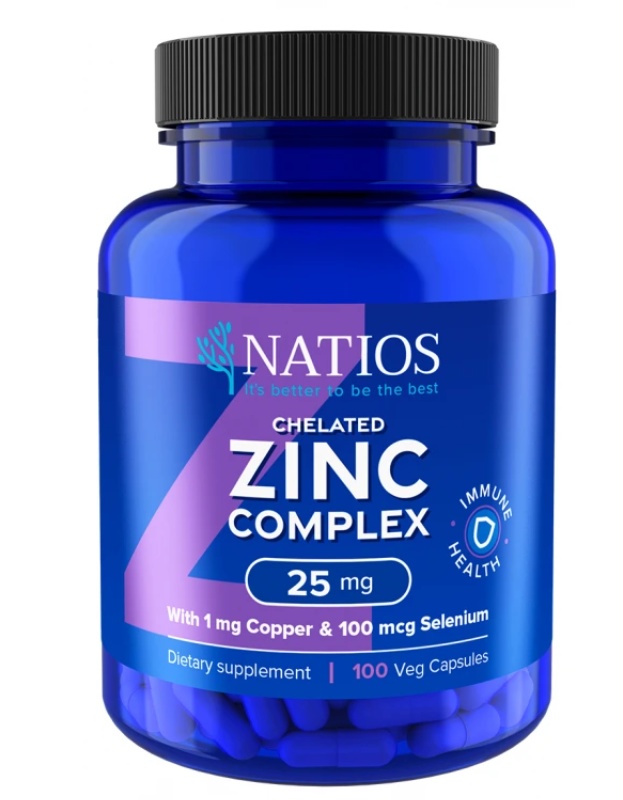 NATIOS Zinc Chelated Complex, Zinek, selen a měď, 25 mg, 100 veganských kapslí